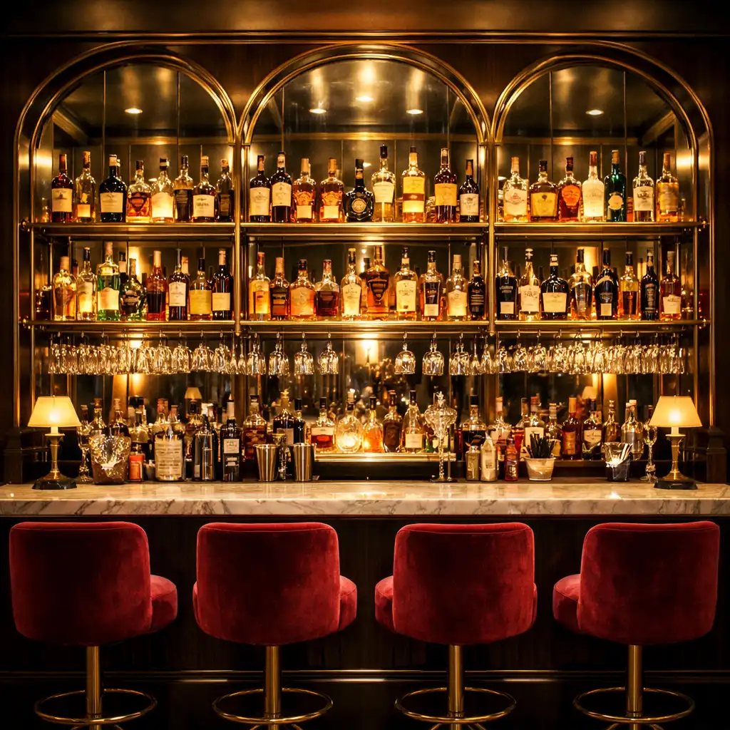 Bar z lustrzanym tłem i podświetlanymi butelkami w stylu art déco