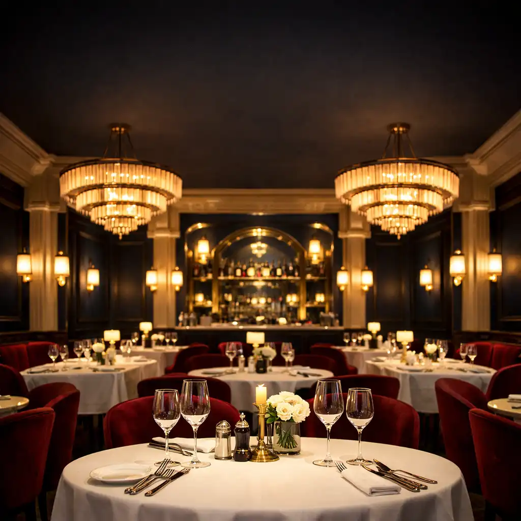 Elegancka sala restauracyjna Nem Vado w stylu art déco z ciemnymi granatowymi ścianami, kremowymi sztukateriami i mosiężnymi żyrandolami