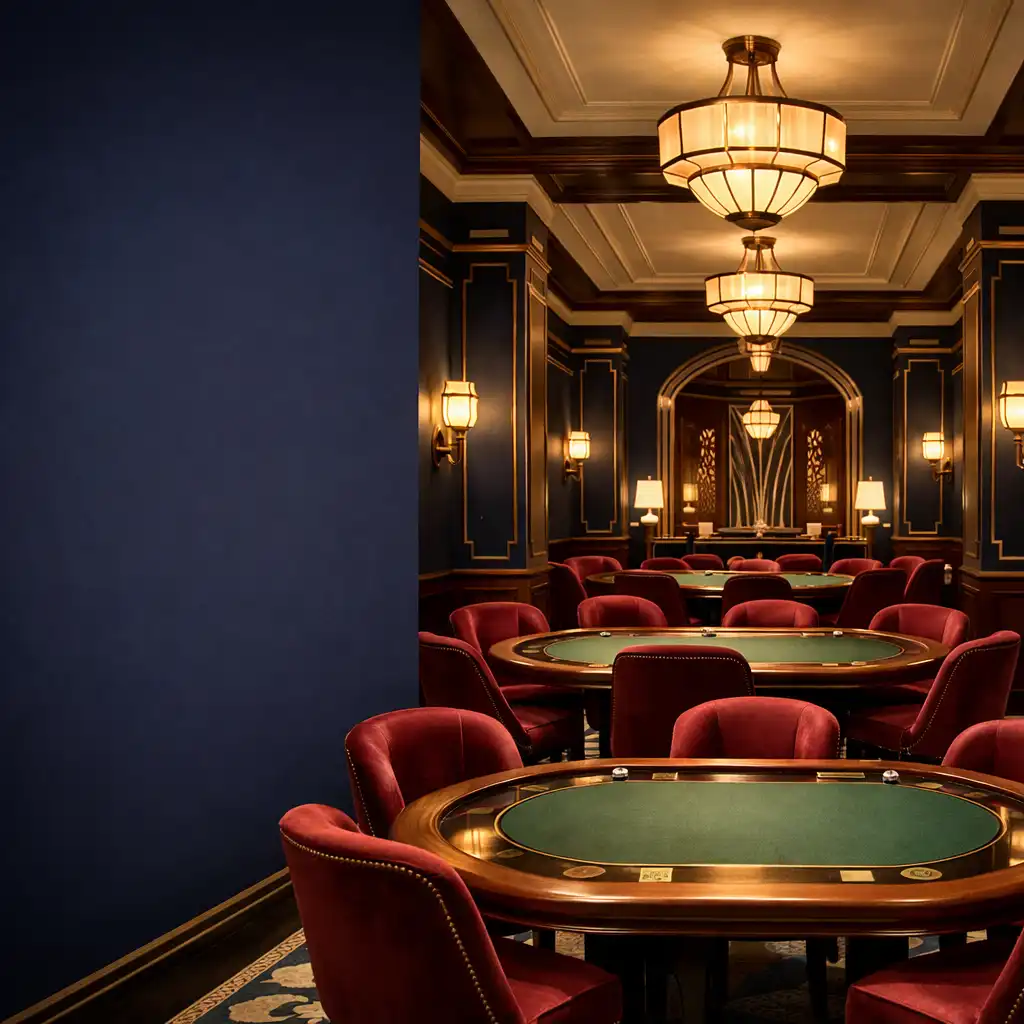 Widok na card room w stylu art déco z kilkoma stołami pokerowymi