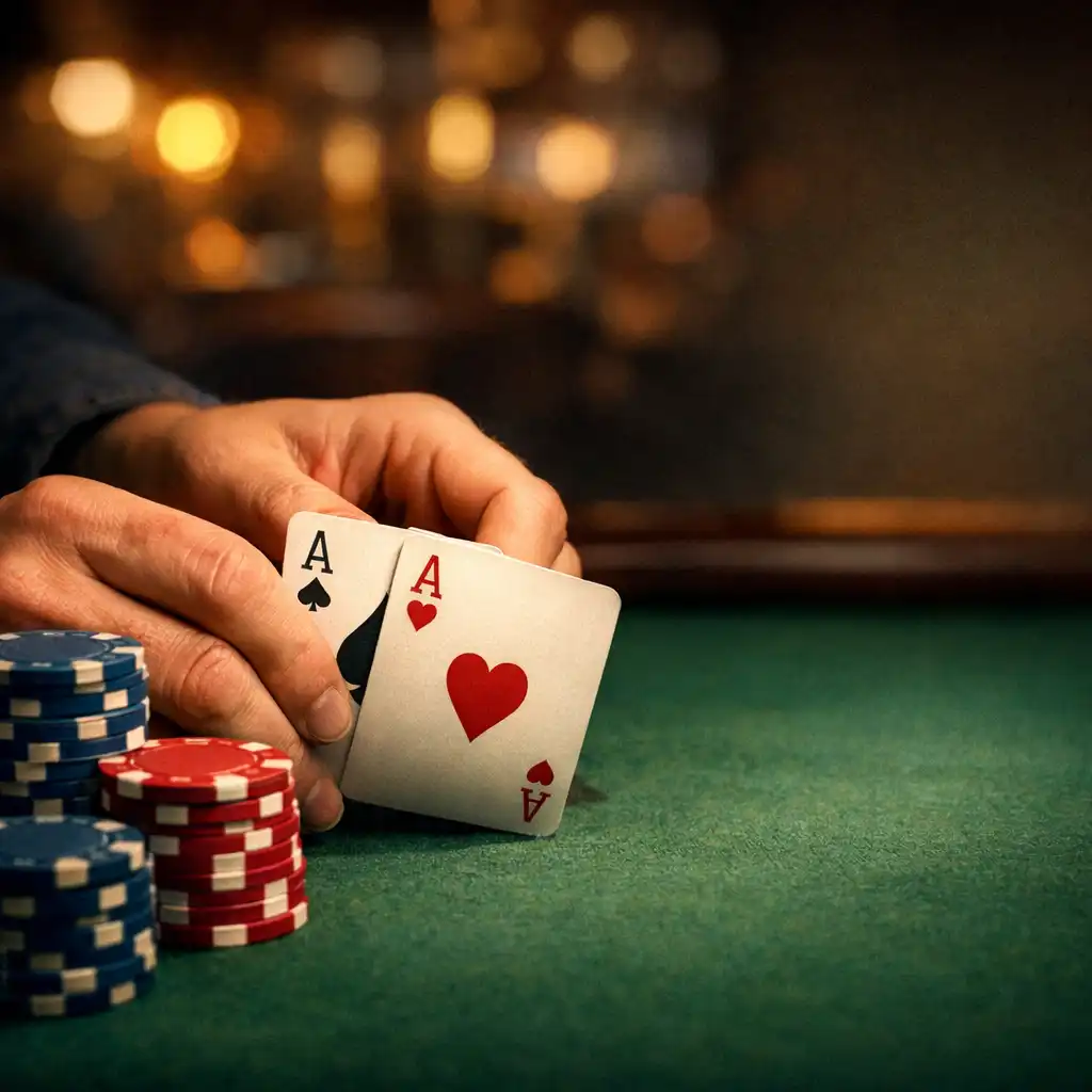 Zbliżenie na karty i żetony na stole pokerowym