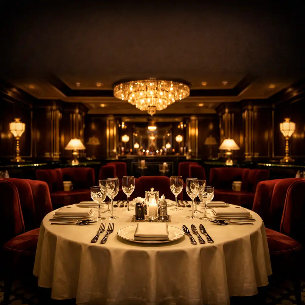 Eleganckie wnętrze restauracji Nem Vado w stylu art déco z lat 20. XX wieku, z nakrytym stołem, aksamitnymi fotelami i mosiężnymi lampami
