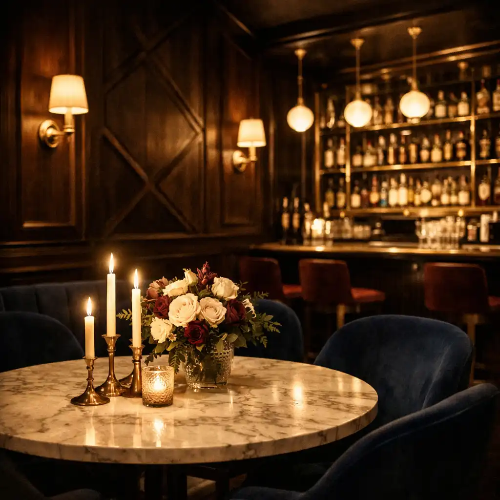 Widok na część restauracyjną Nem Vado z okrągłym marmurowym stołem, aksamitnymi krzesłami i barem z mosiężnymi elementami