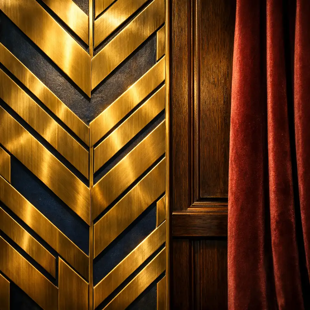 Detal wnętrza Nem Vado – geometryczne panele z mosiądzu w stylu art déco